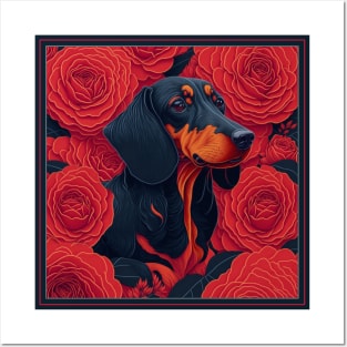 Dogs, dachshund and flowers, dog, style vector (red version 2 dachshund) Posters and Art